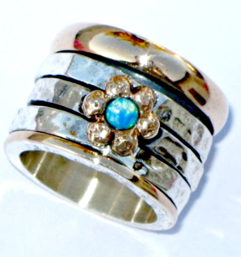 Bluenoemi - My Jewelry Rings Stacking Ring Wedding Blue opal ring  Spinner ring silver & gold floral rings