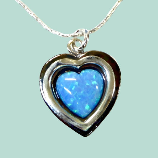 Sterling Silver Necklace Love Pendant for woman with blue opal - Bluenoemi