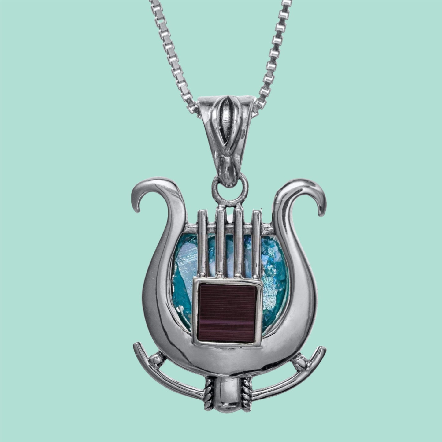 Nano Harp Old testament Sim Silver Pendant - David's Harp with Roman Glass - Bluenoemi