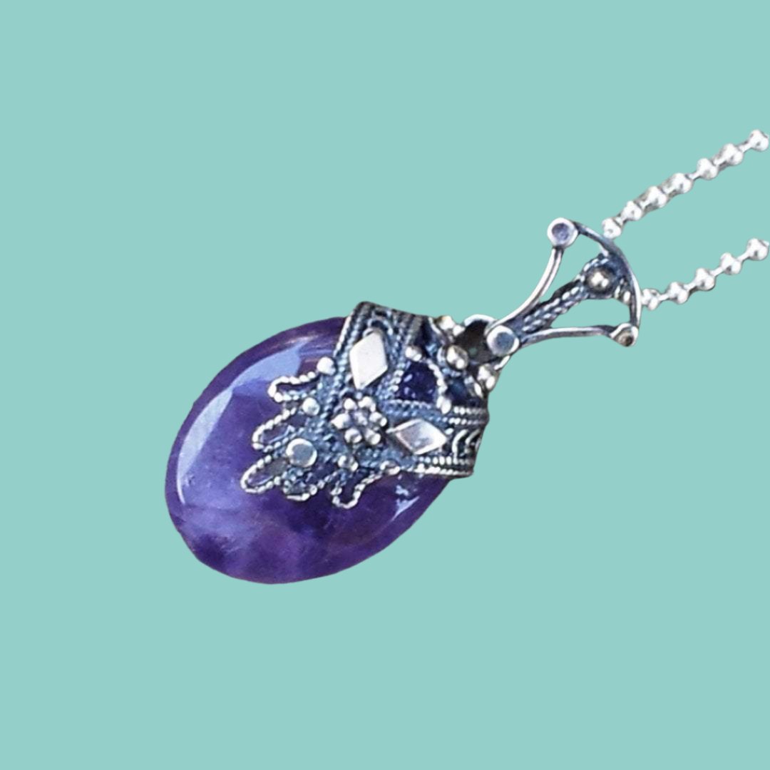 Sterling Silver Necklace for Woman, Amethyst pendant filigree hamsa - Bluenoemi