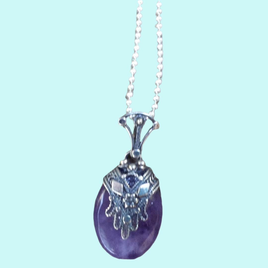 Sterling Silver Necklace for Woman, Amethyst pendant filigree hamsa - Bluenoemi