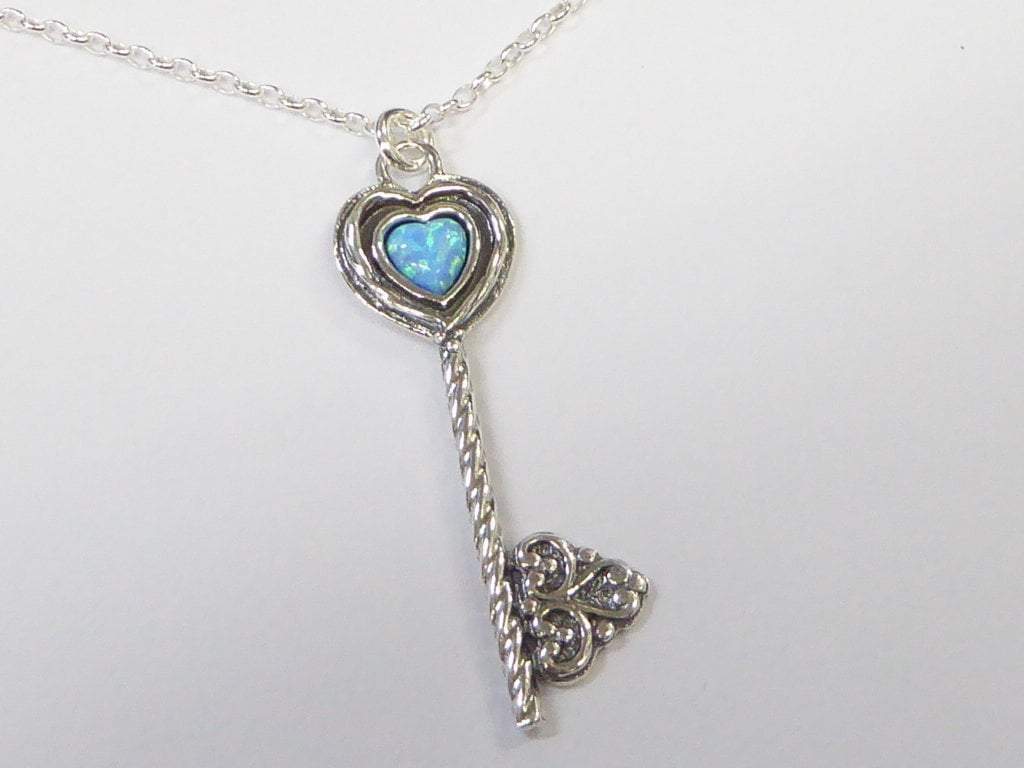 Sterling silver key necklace key pendant with Blue opal - Bluenoemi