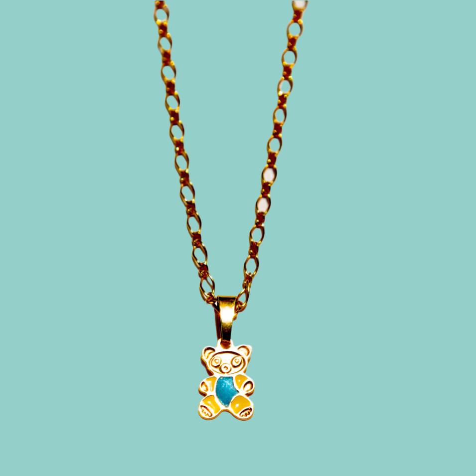 Teddy Bear charm Goldfilled necklace. Cute gold plated bridesmaid necklace, blue enameled. - Bluenoemi