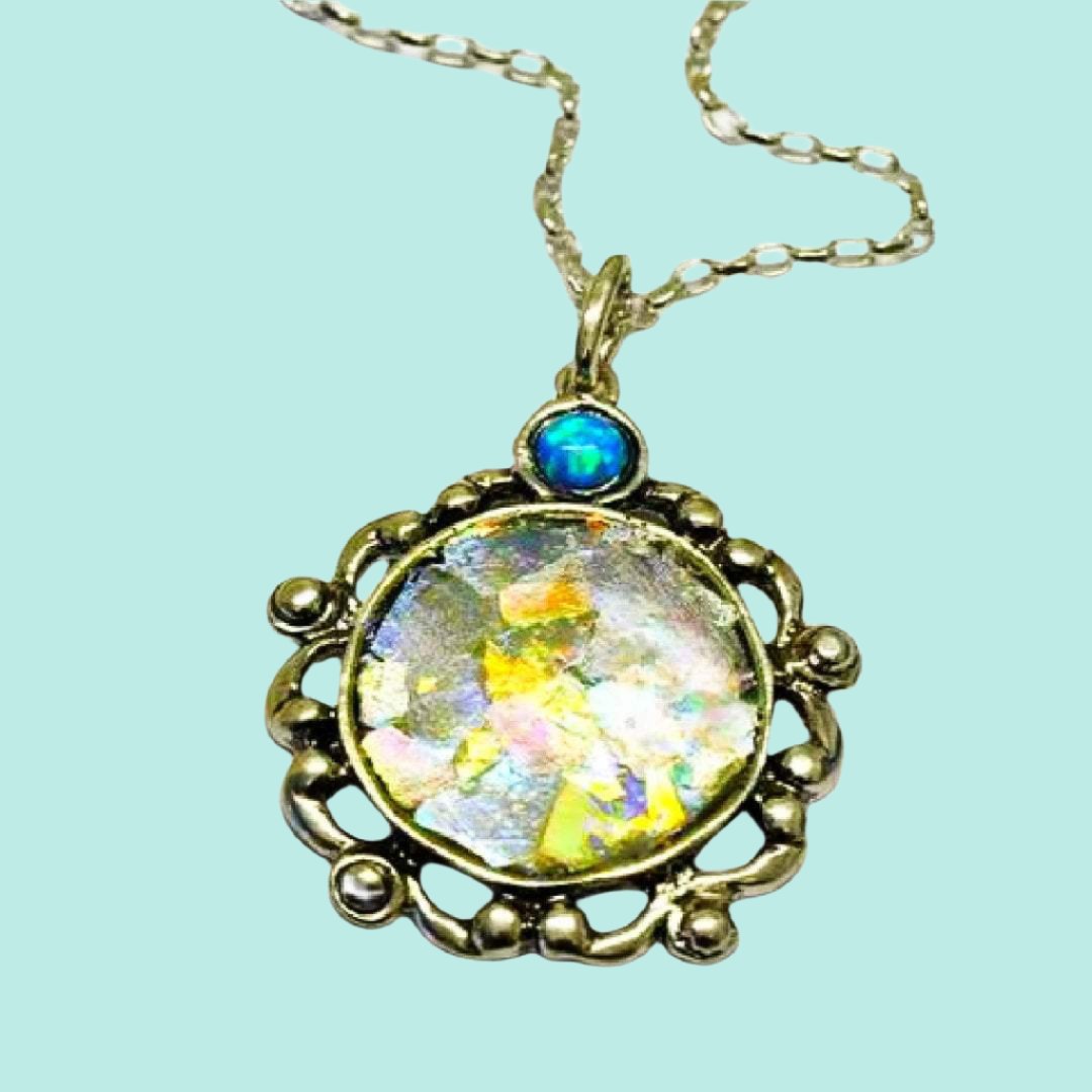 Bluenoemi Necklaces & Pendants Roman glass jewelry necklace / 45 cm / blue green Roman glass necklace Israeli Sterling silver opal