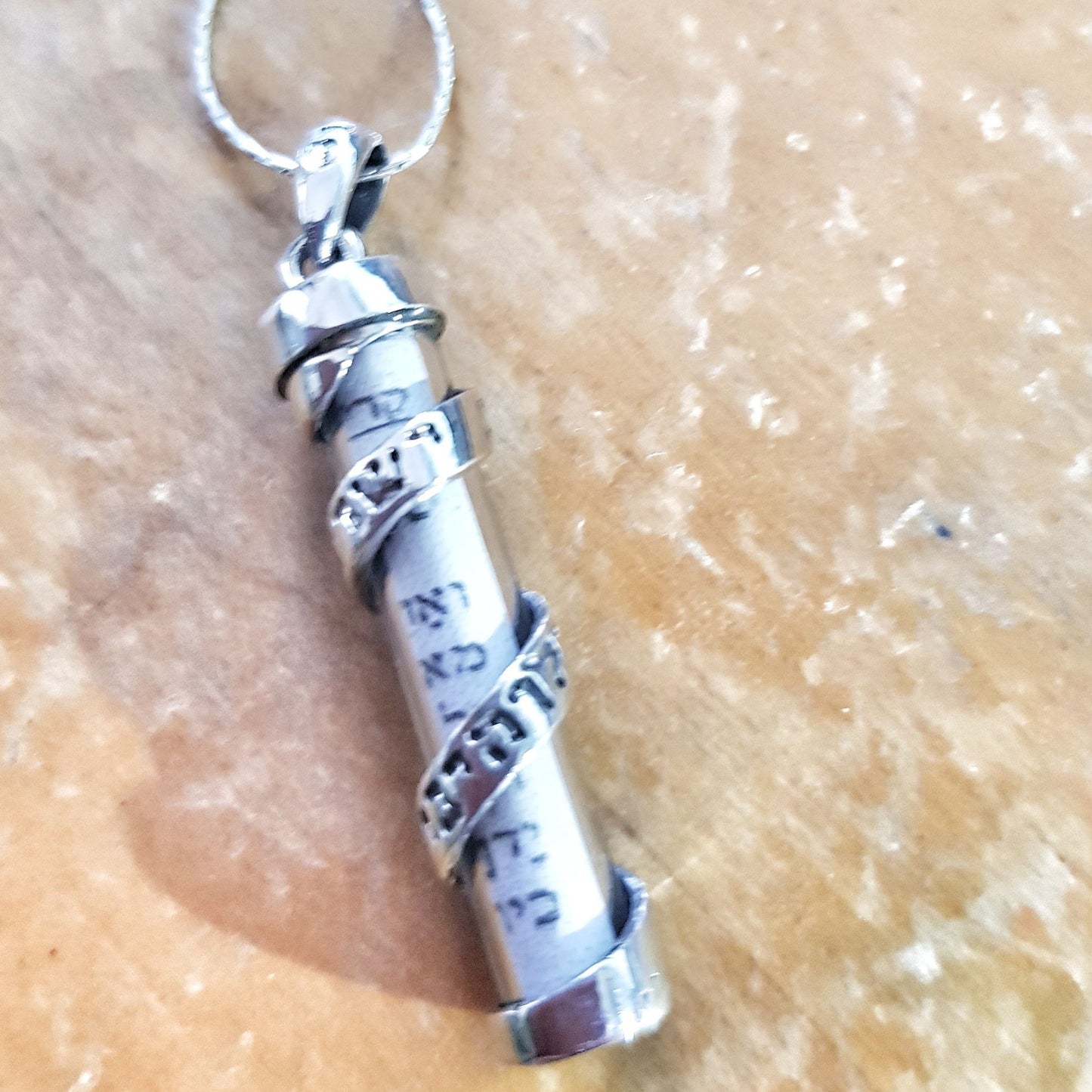 Mezuzah Necklace sterling silver with the Parchment Israeli jewelry - Bluenoemi