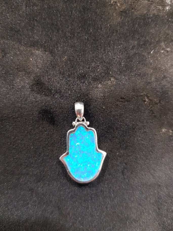 Hamsa Necklace Opal Blue Opal Hamsa Shema Sterling Silver Pendant - Bluenoemi