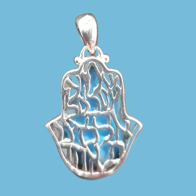 Bluenoemi Pendants Blue Jewish jewelry Blue Opal hamsa Shema Israel Sterling Silver Pendant Shema Israel prayer
