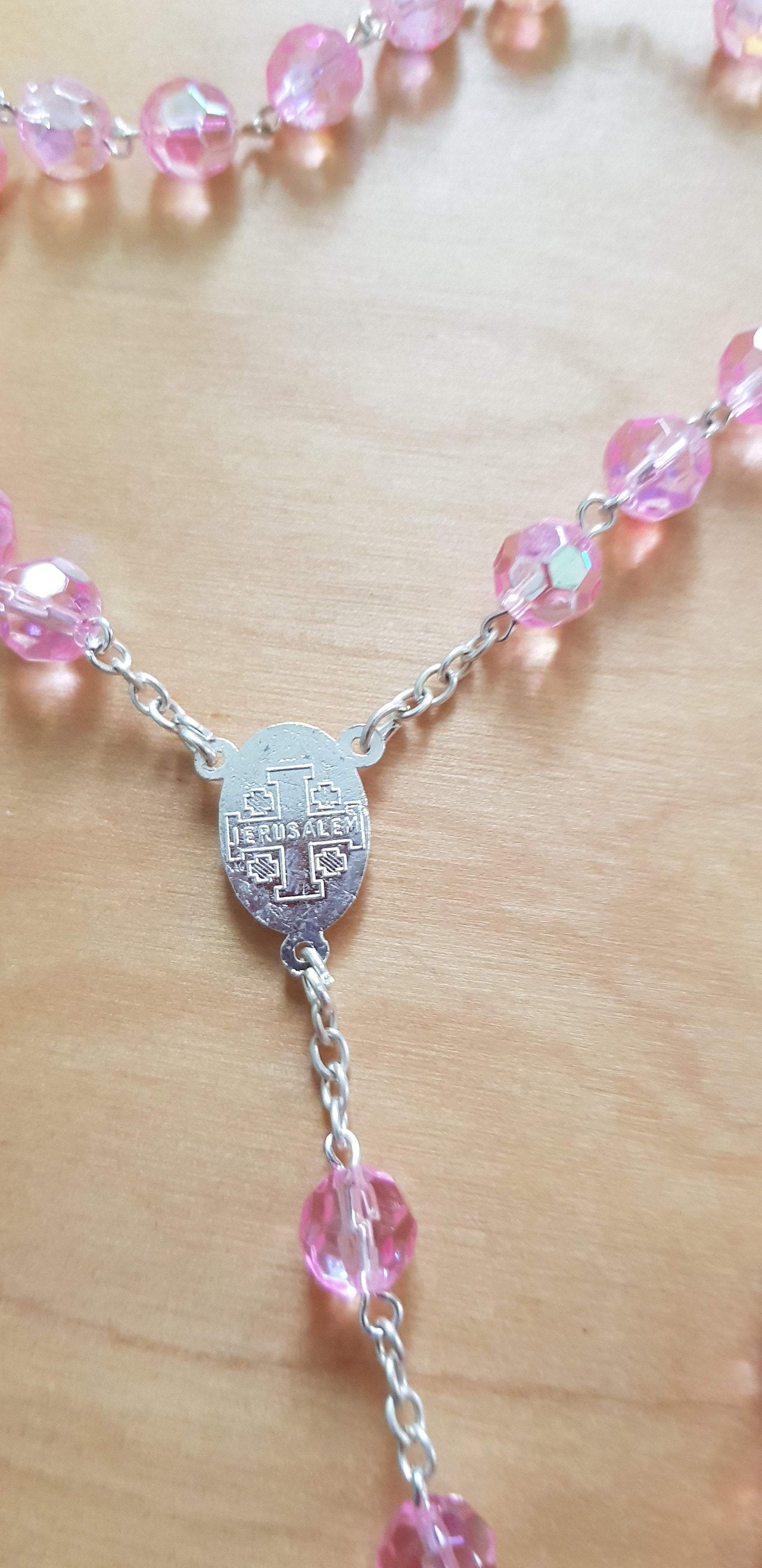 Bluenoemi Religious & Ceremonial > Religious Items > Prayer Beads pink Rosary from the Holy Land - Jerusalem Cross - Pink Beads