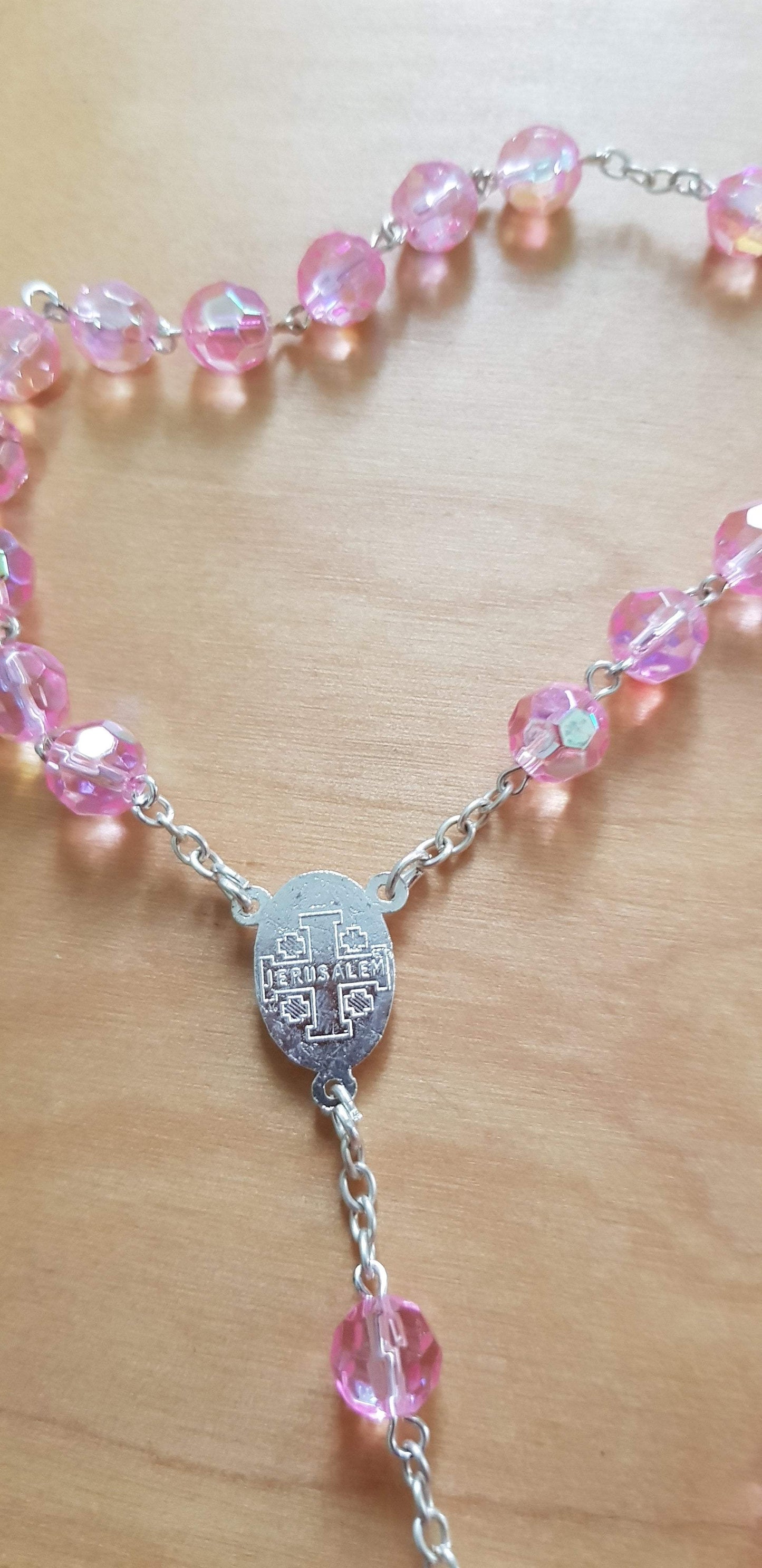 Bluenoemi Religious & Ceremonial > Religious Items > Prayer Beads pink Rosary from the Holy Land - Jerusalem Cross - Pink Beads