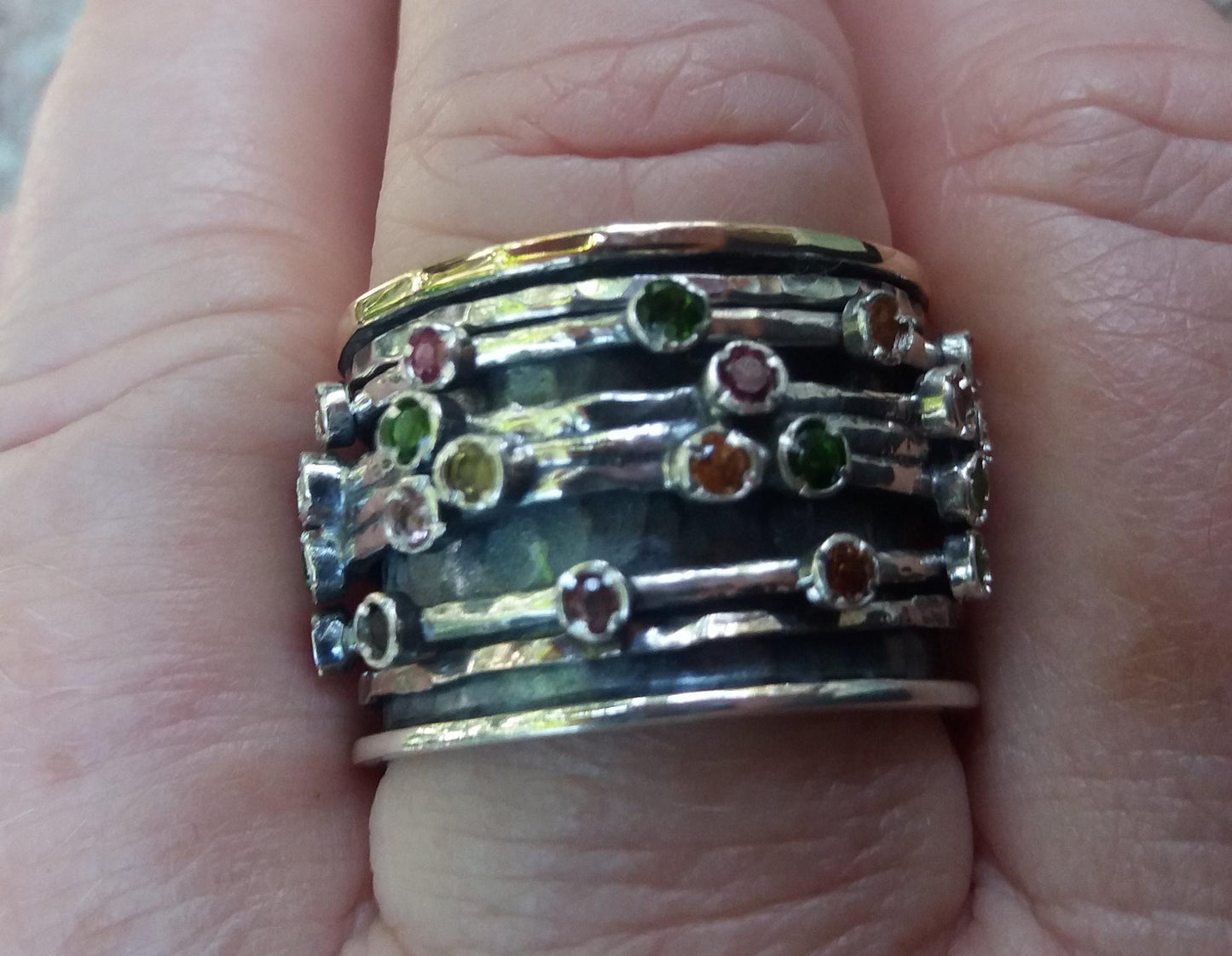 Israeli spinner rings Silver Gold and Tourmalines - Bluenoemi