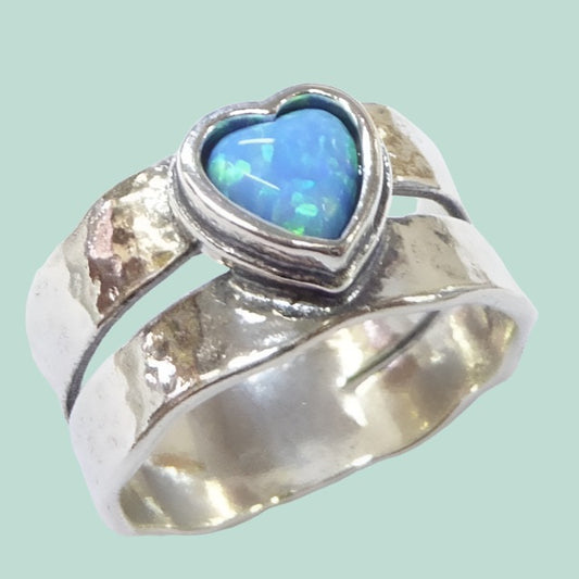 Sterling Silver 925 Ring set with a blue Opal Heart. Unique Love Jewelry - Bluenoemi