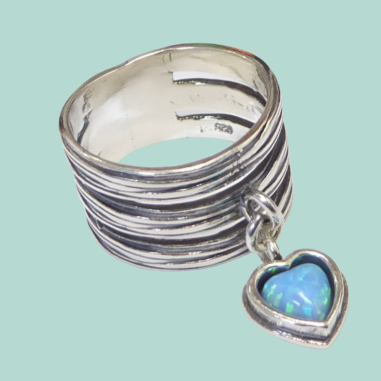 Israel Sterling Silver 925 Ring Dangle Blue Opal Heart Love Jewelry - Bluenoemi