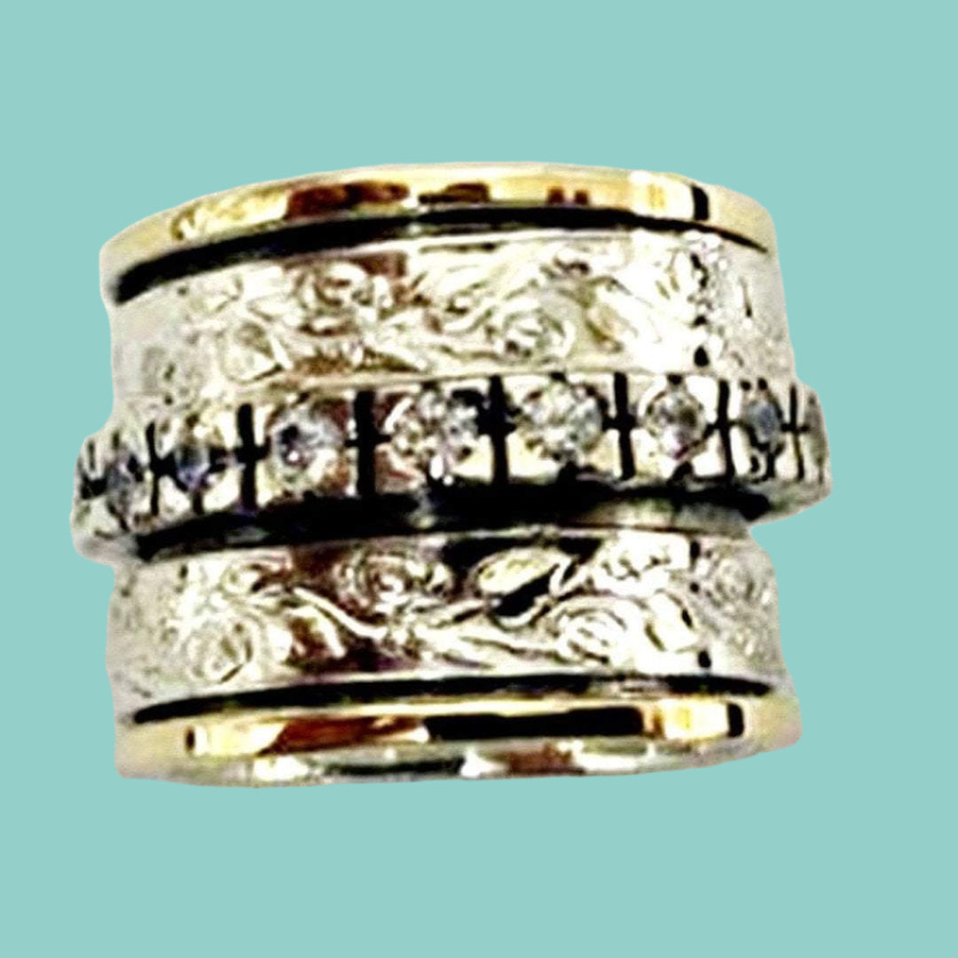 Spinner Ring, Filigree silver 9 carat gold ring , Bluenoemi CZ band - Bluenoemi