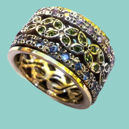 Rings from Israel Spinner Ring for woman, set green blue topaz & amethysts zircons - Bluenoemi