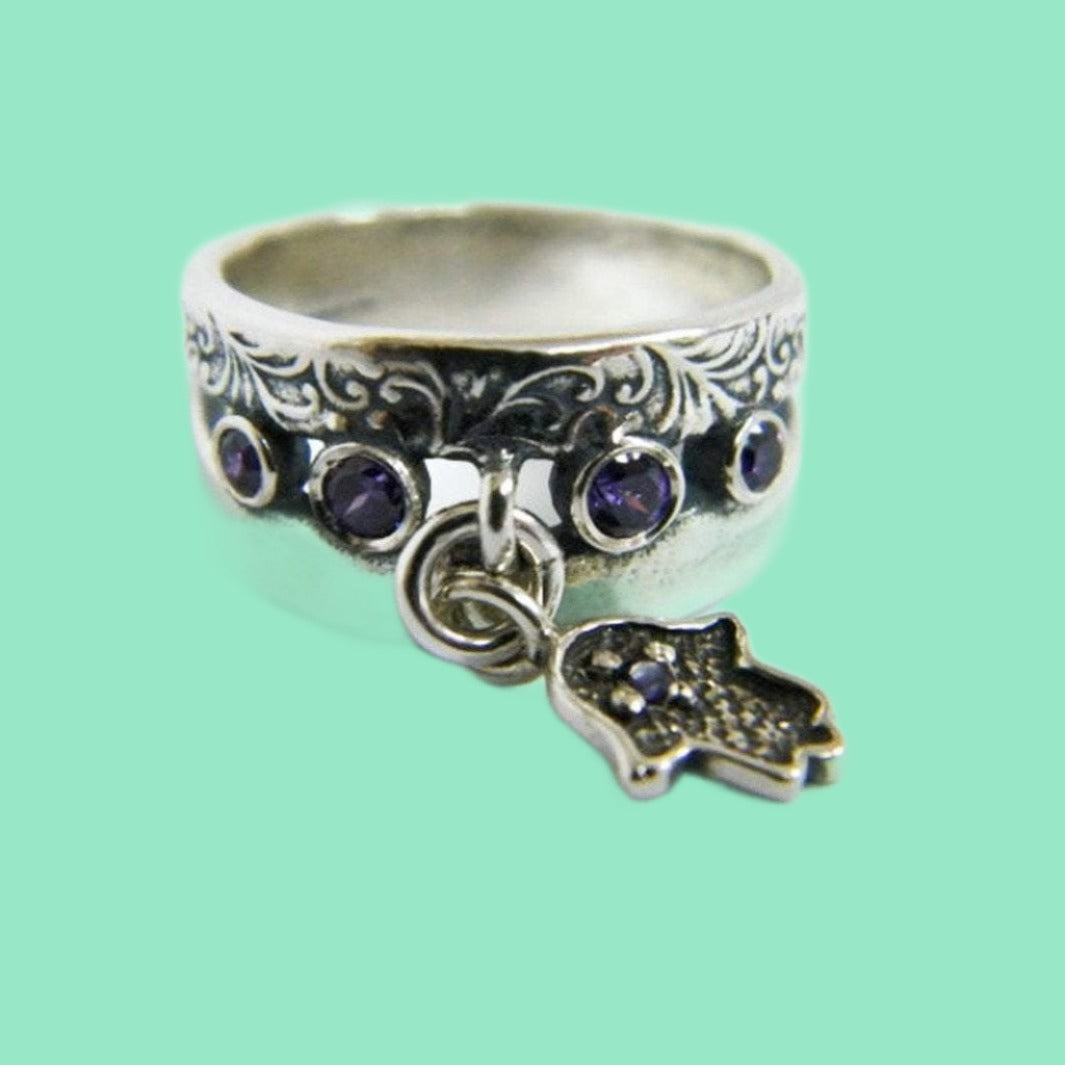 Sterling Silver Ring Hamsa Charms & Amethyst CZ Stones - Bluenoemi