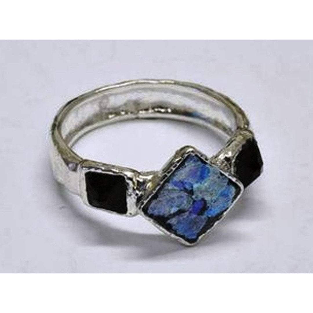 Sterling Silver Ring with Roman Glass. Roman glass ring Israeli Jewelry. - Bluenoemi