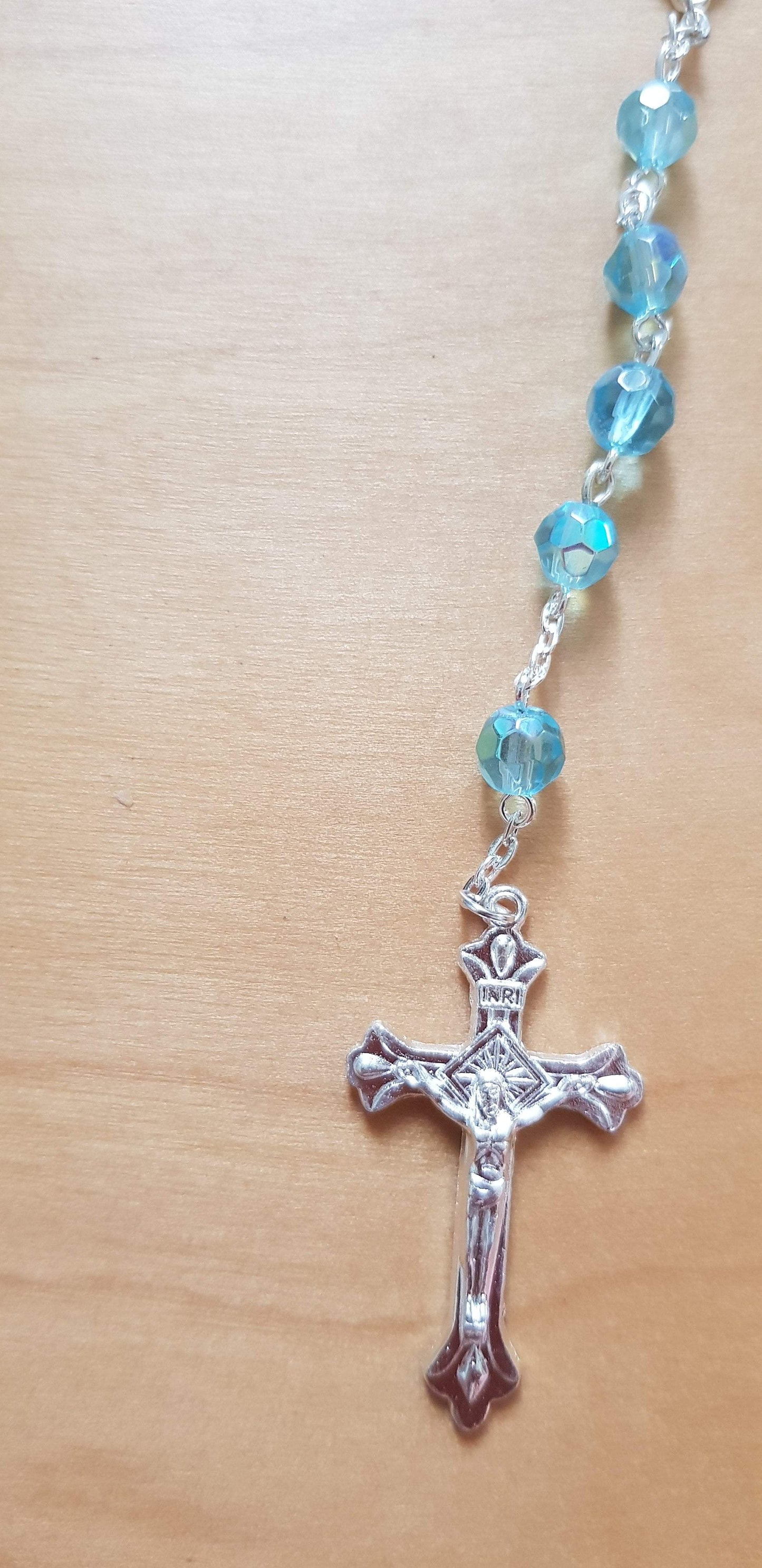 Praying the Rosary from the Holy Land - Jerusalem Cross- Blue Crystals Beads. - Bluenoemi