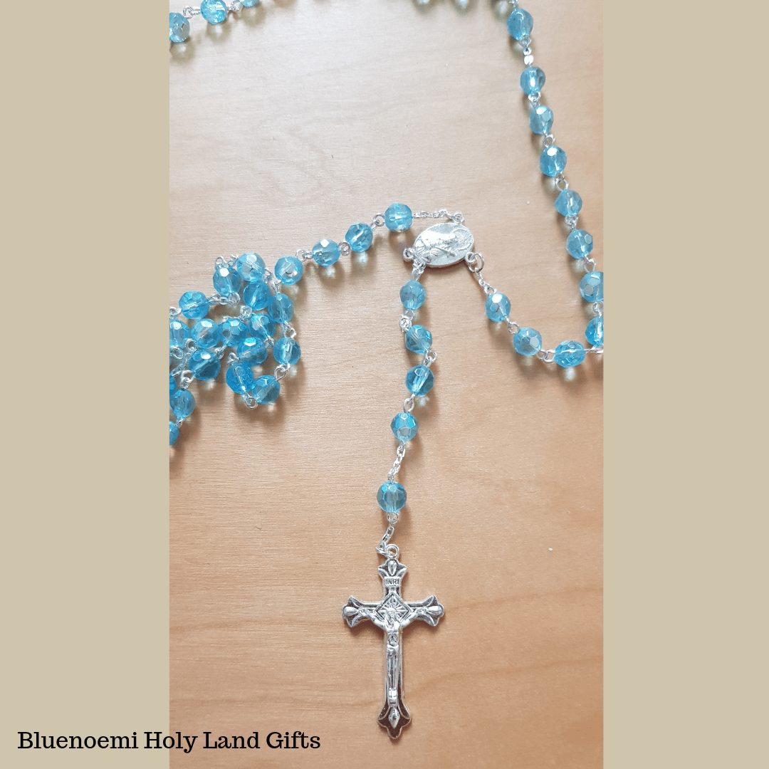 Praying the Rosary from the Holy Land - Jerusalem Cross- Blue Crystals Beads. - Bluenoemi