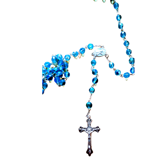 Praying the Rosary from the Holy Land - Jerusalem Cross- Blue Crystals Beads. - Bluenoemi