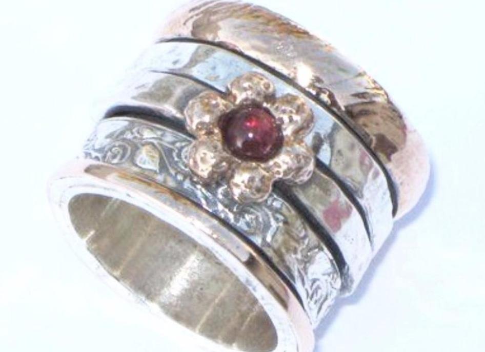 Israeli spinner rings. Floral silver gold designer jewelry Meditation ring - Bluenoemi