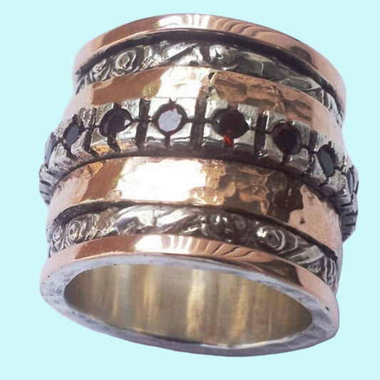 Israeli spinner ring rose gold spinner ring, 9 ct rose gold ring sterling silver, set with garnets. - Bluenoemi