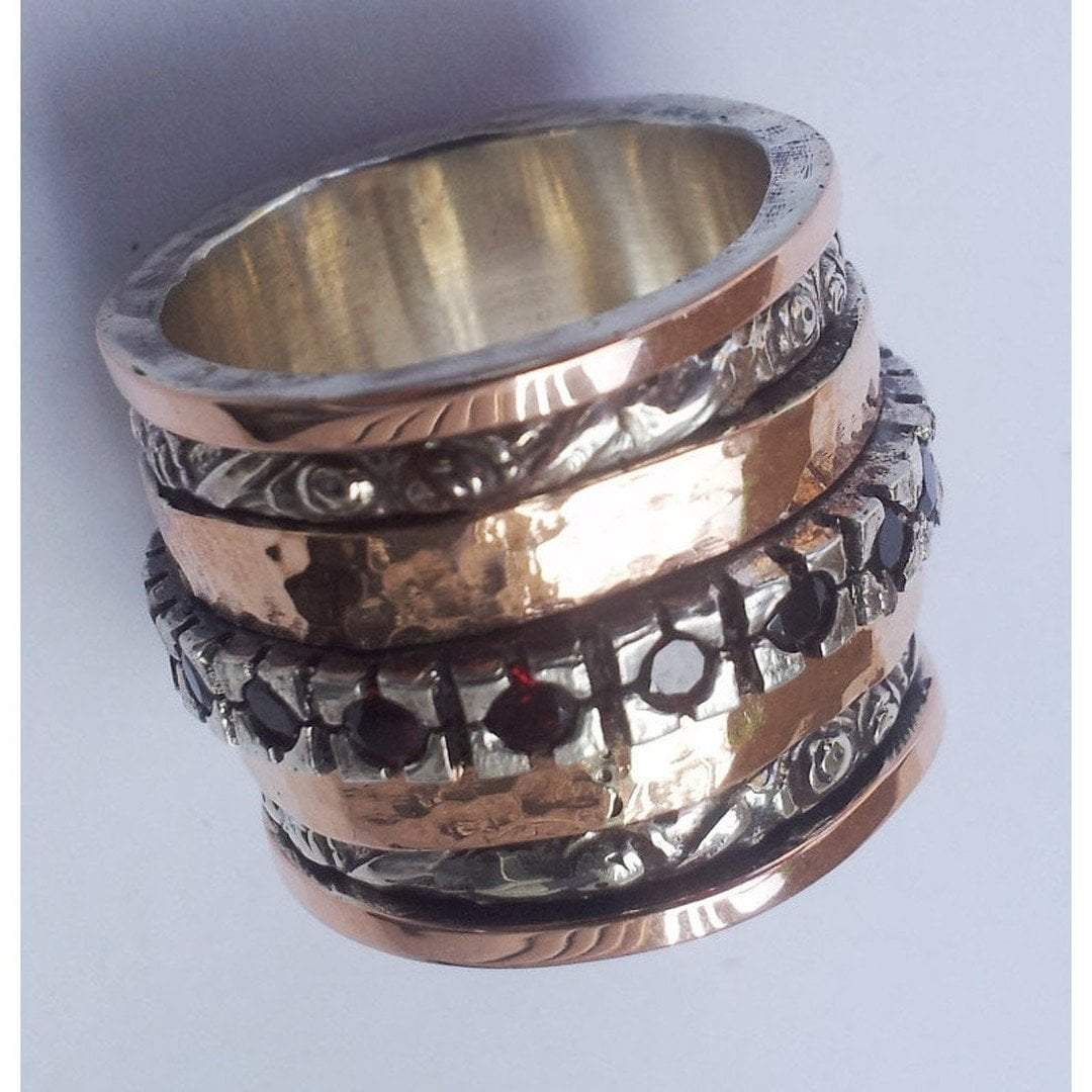 Israeli spinner ring rose gold spinner ring, 9 ct rose gold ring sterling silver, set with garnets. - Bluenoemi