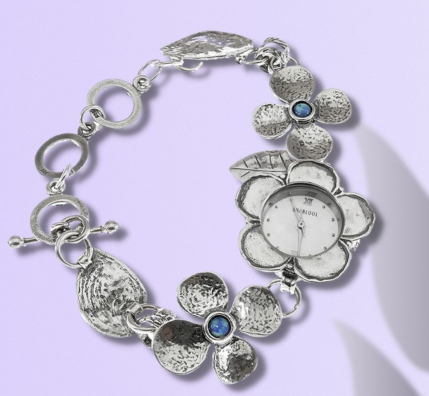 Sterling Silver Watch Bracelet for woman with flowers motives. Set with Pearl or Blue Opal. Japanese Myota - Bluenoemi