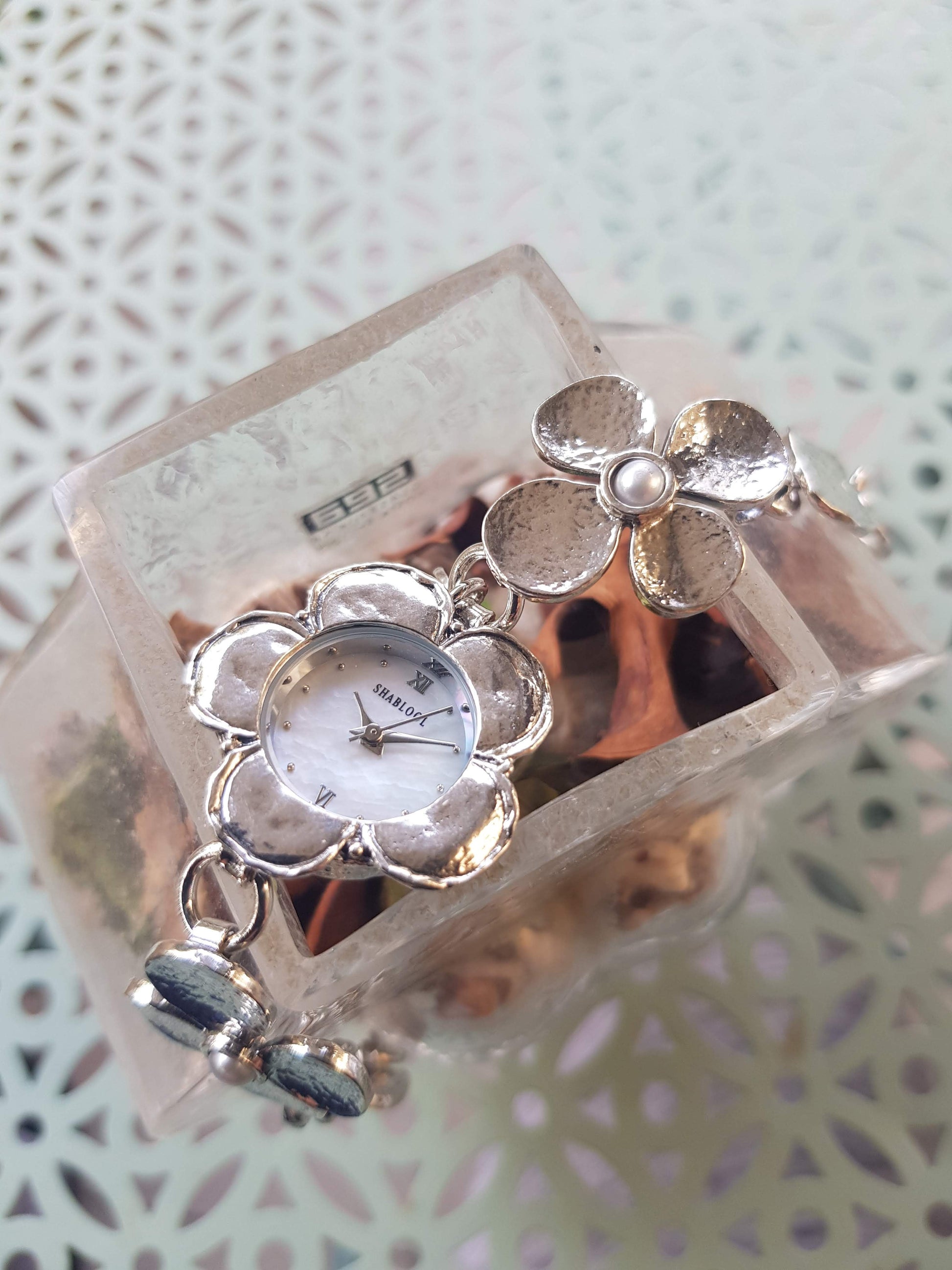 Sterling Silver Watch Bracelet for woman with flowers motives. Set with Pearl or Blue Opal. Japanese Myota - Bluenoemi