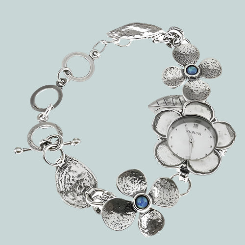 Sterling Silver Watch Bracelet for woman with flowers motives. Set with Pearl or Blue Opal. Japanese Myota - Bluenoemi