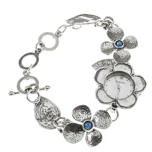 Sterling Silver Watch Bracelet for woman with flowers motives. Set with Pearl or Blue Opal. Japanese Myota - Bluenoemi