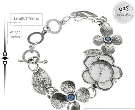 Sterling Silver Watch Bracelet for woman with flowers motives. Set with Pearl or Blue Opal. Japanese Myota - Bluenoemi